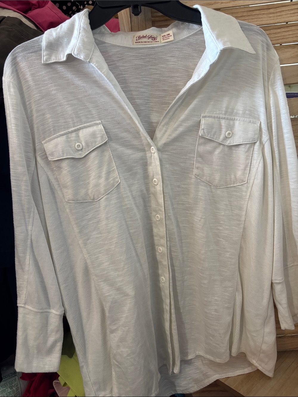 Faded Glory White Casual Burnout Button-Down Shirt with Chest Pockets XXL